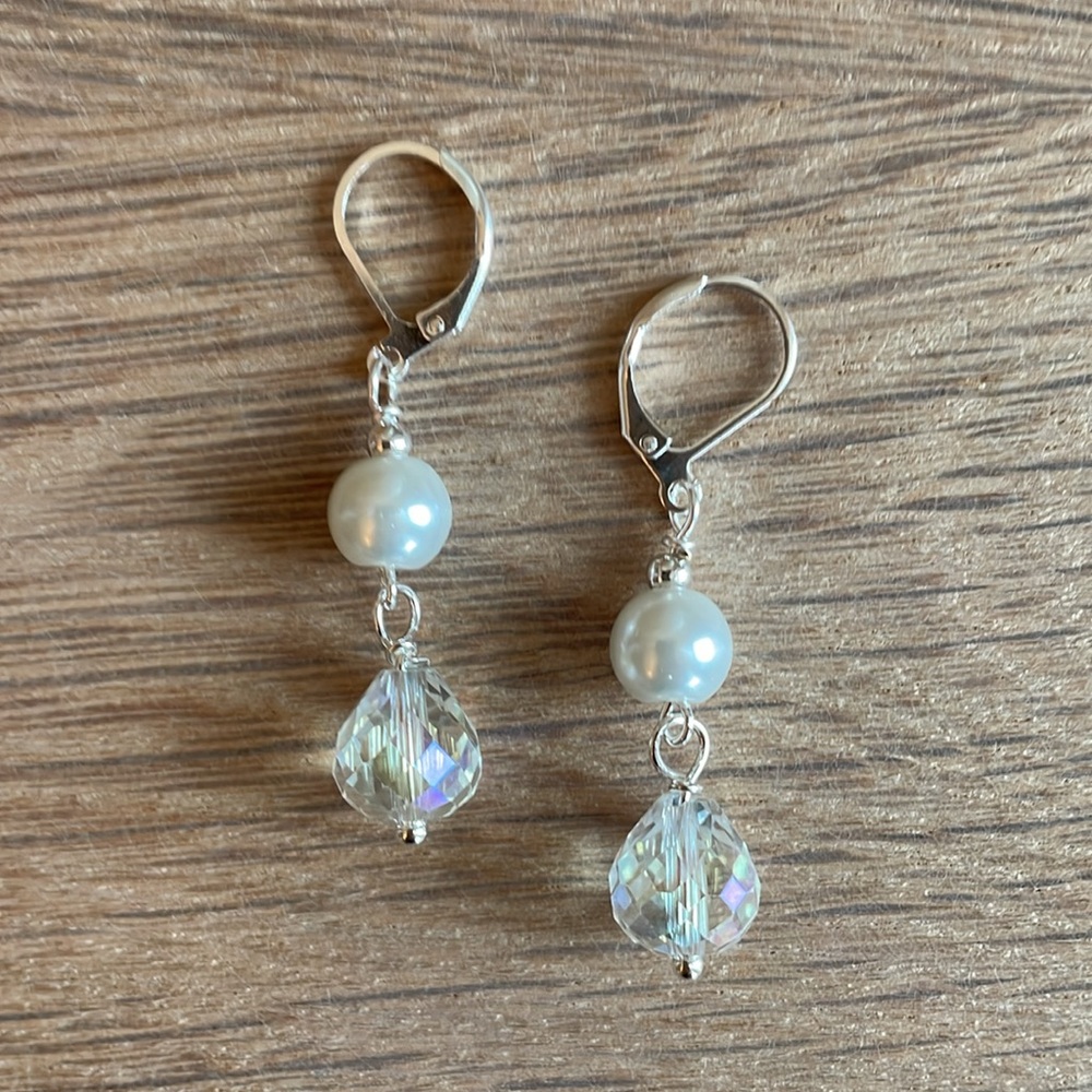 HAND CRAFTED DROP EARRINGS WITH PEARLS AND CRYSTALS White Pearls AB Crystals